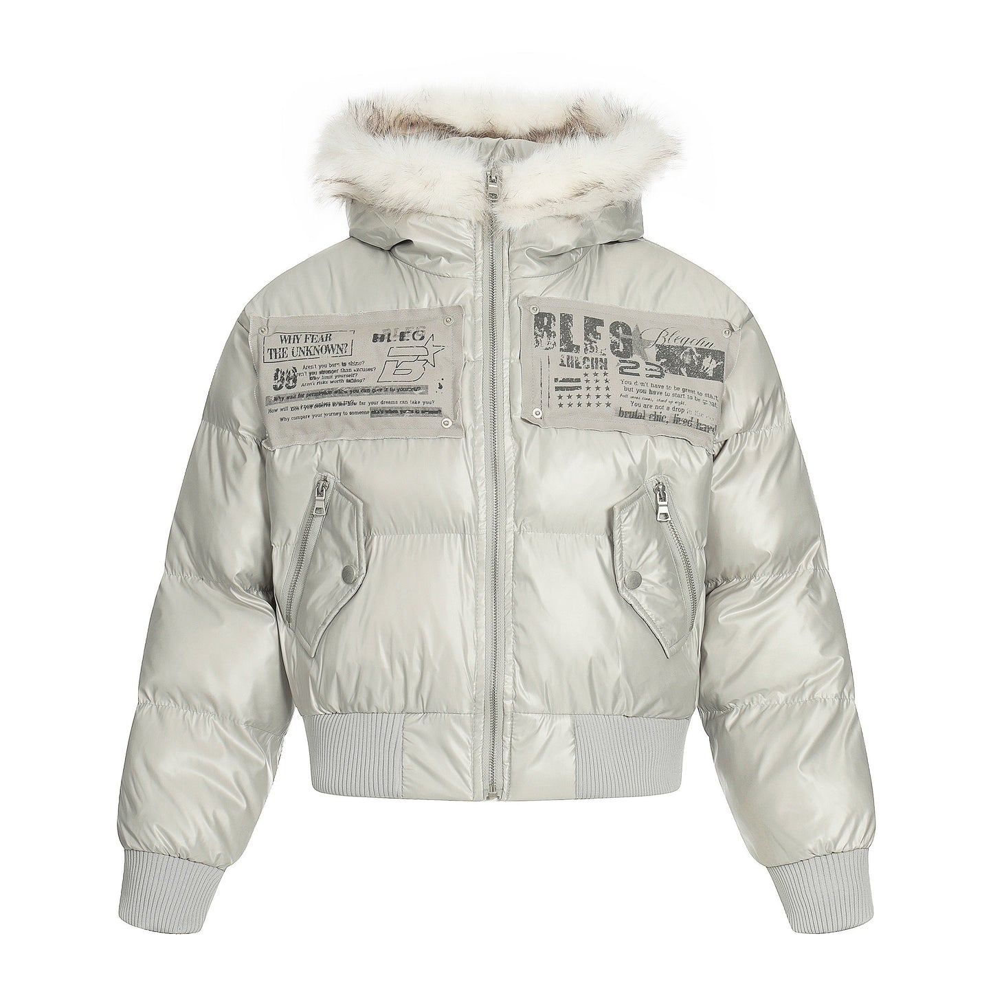 Frost Petal | Embroidered Satin Puffer Jacket - Luxuryurbanwear