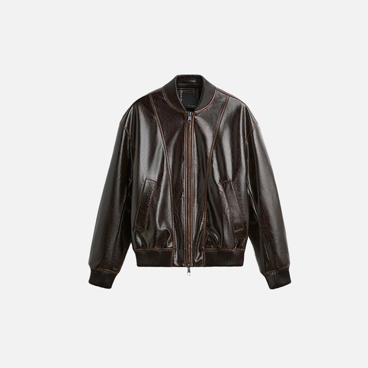 Winter Loose Fit Retro Brown Leather Race Jacket - Luxuryurbanwear