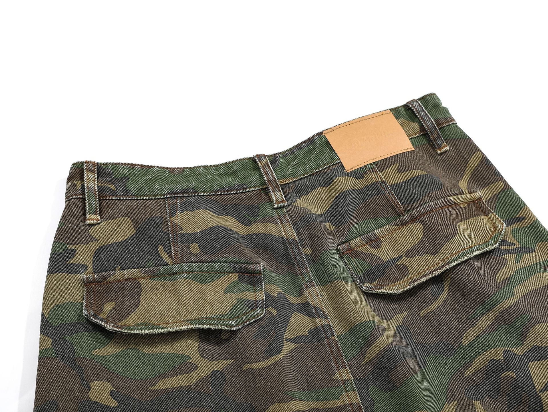 Ripped Camouflage Flared Cargos - Distressed Tactical Wide-Leg Pants | LuxuryUrbanwear - Luxuryurbanwear