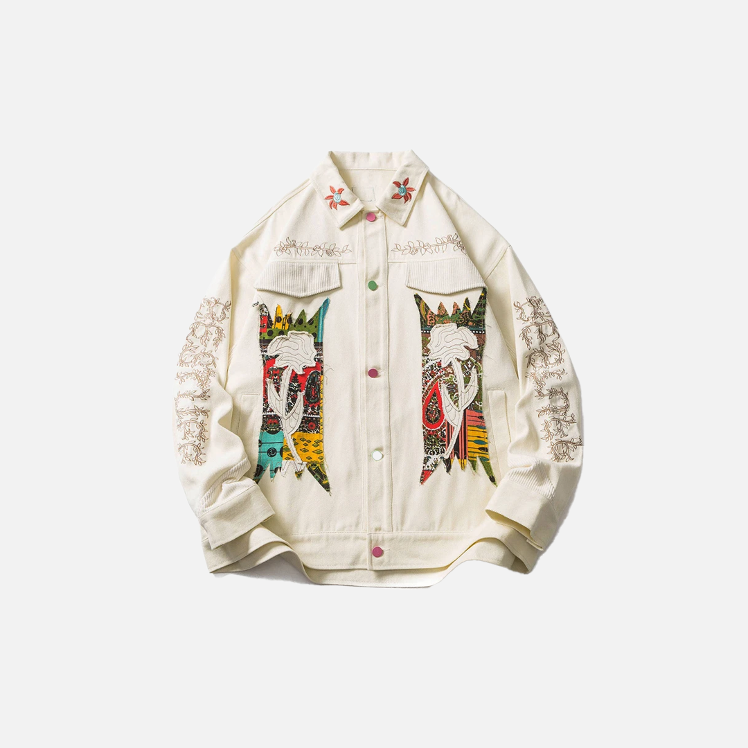 National Floral Embroidery Patchwork Denim Jacket - Luxuryurbanwear