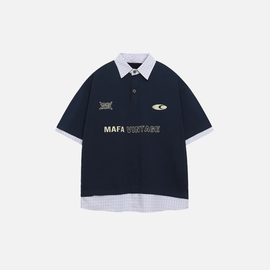 Casual Loose Fit Fake Two-Piece Letter Print Polo T-Shirt - Luxuryurbanwear