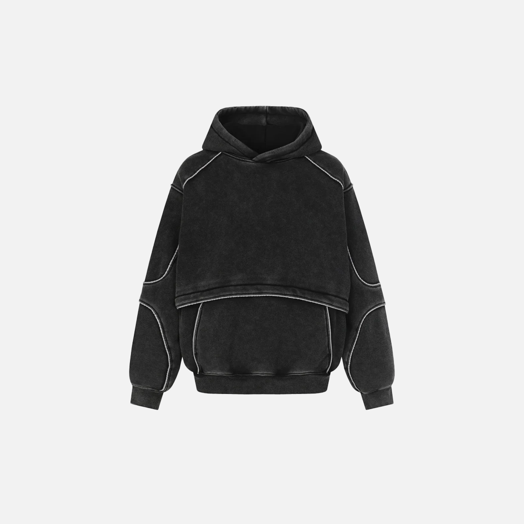Washed Distressed Front Pocket Spliced Hoodie - Luxuryurbanwear