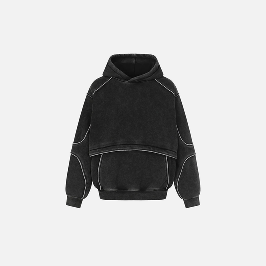 Washed Distressed Front Pocket Spliced Hoodie - Luxuryurbanwear