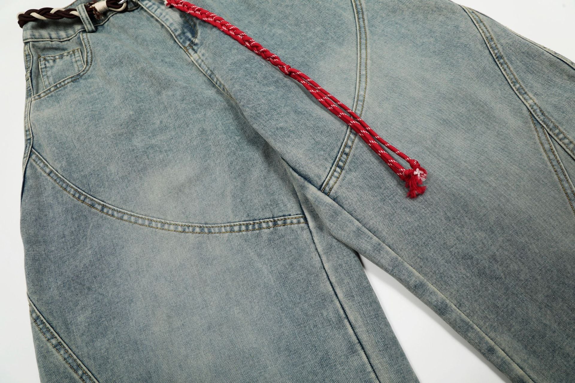 Denim Retro Belt Detail | Patchwork Barrel Jeans - Luxuryurbanwear