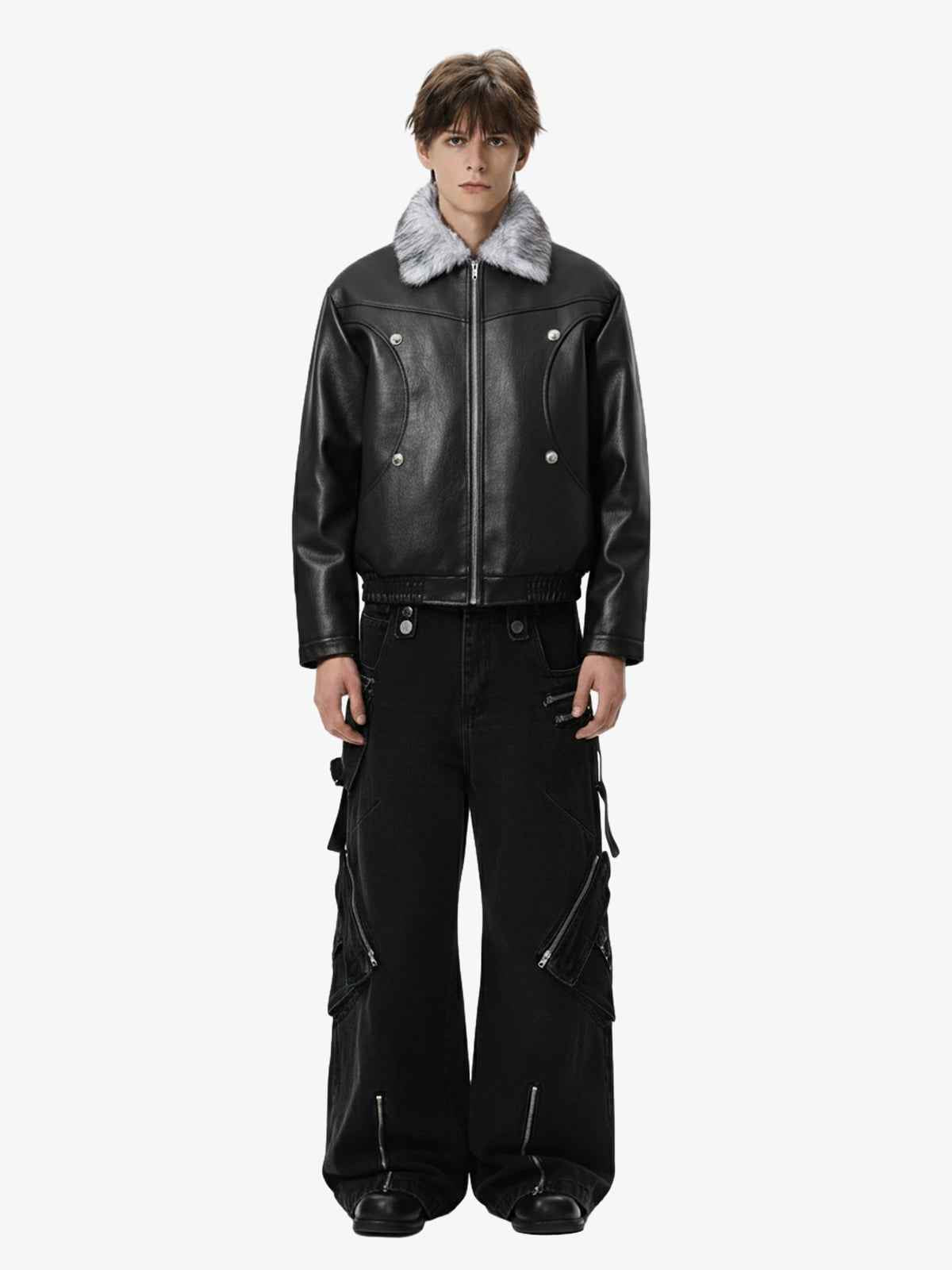 Street Fur-Trim Collar Leather Bomber Jacket