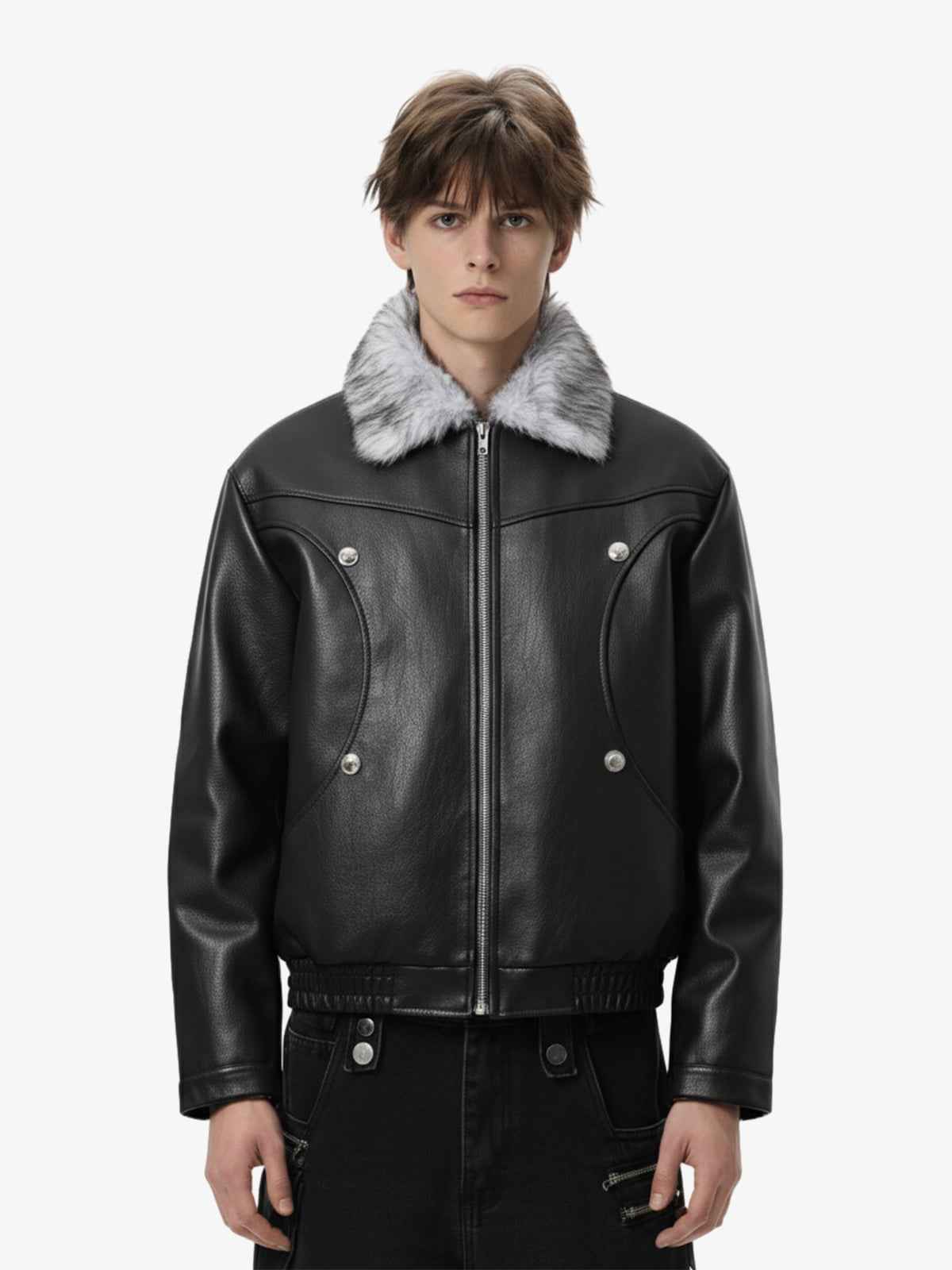 Street Fur-Trim Collar Leather Bomber Jacket