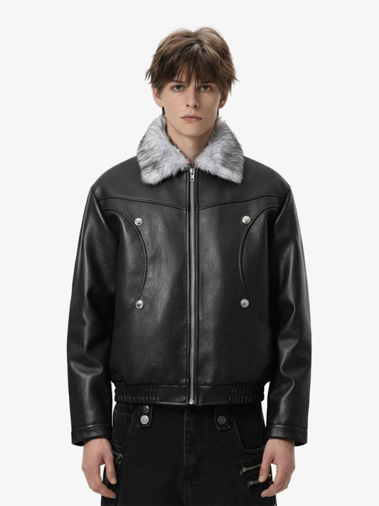 Street Fur-Trim Collar Leather Bomber Jacket