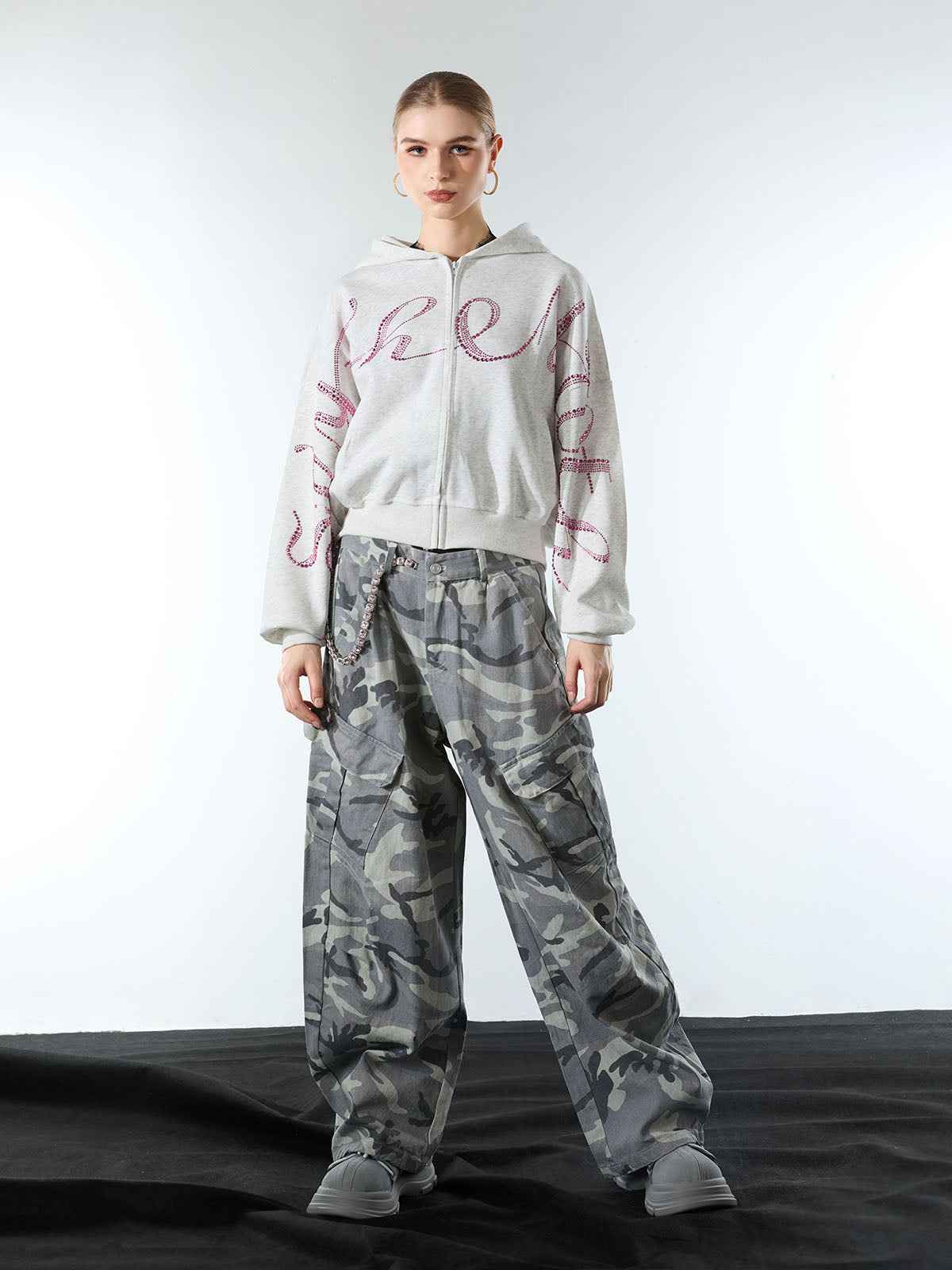 Street Hip-Hop Rhinestone Cropped Zip Up Hoodie
