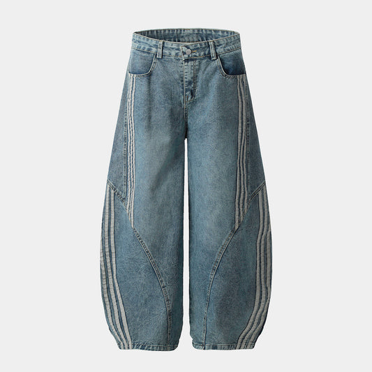 Striped Stitching | Washed Barrel Jeans - Luxuryurbanwear