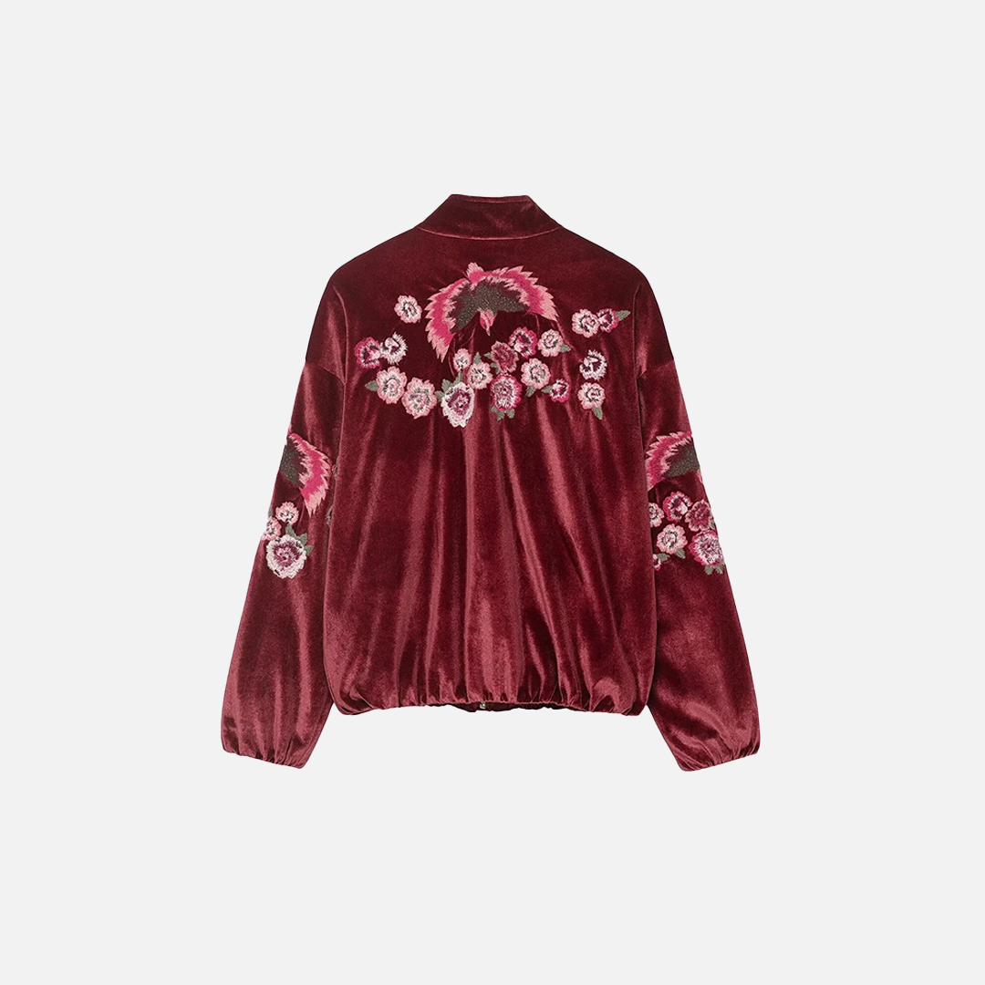 Vintage Red Embroidery Zipper Faux Fur Jacket - Luxuryurbanwear