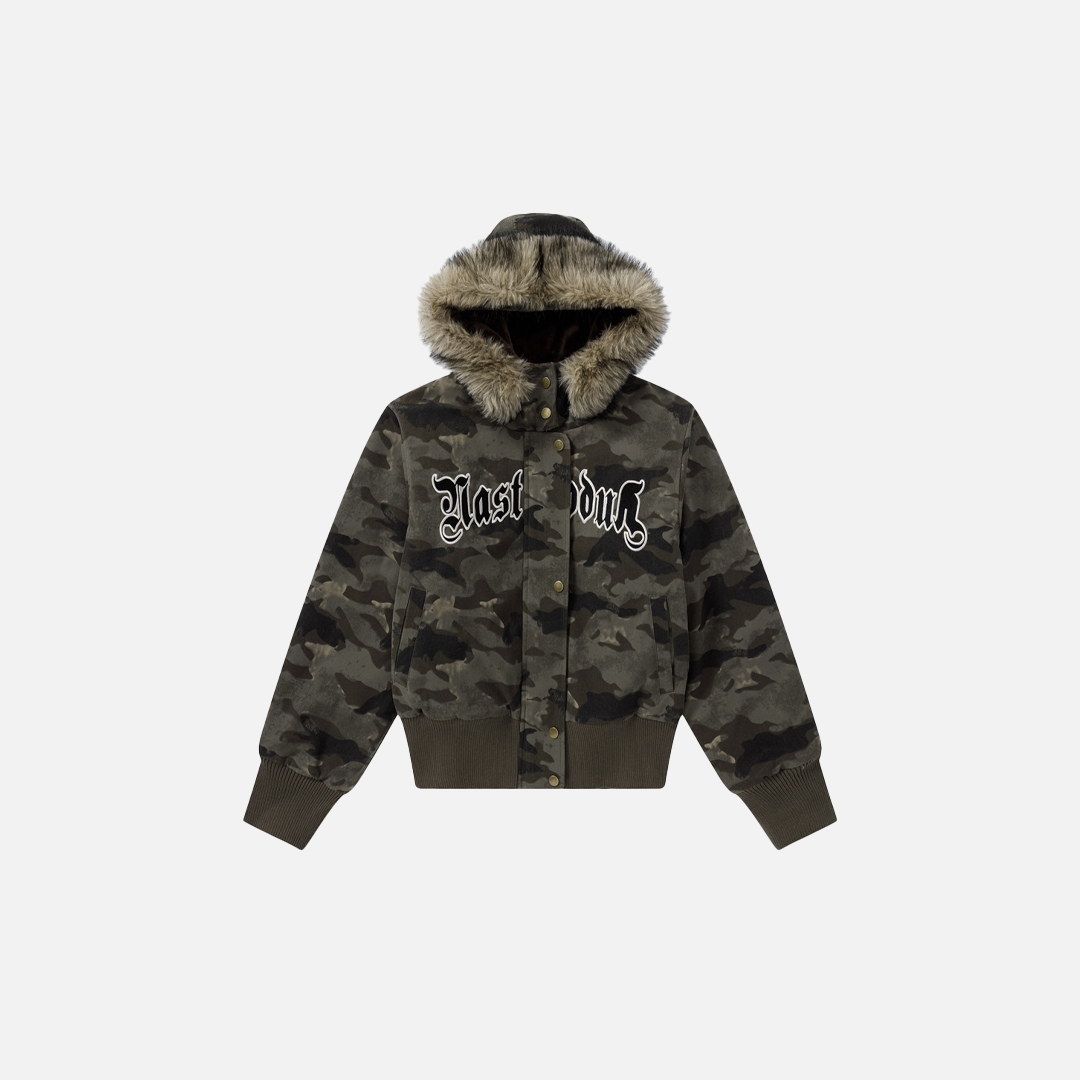 Camouflage Lined Cashmere Faux Furr Hooded Jacket - Luxuryurbanwear