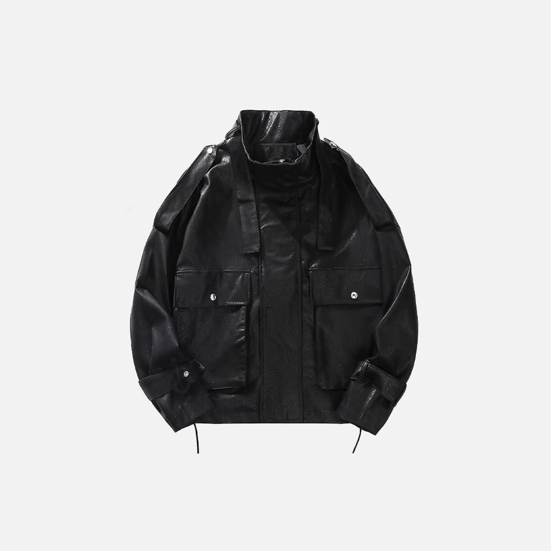 Streetwear High Collar Motorcycle Leather Jacket - Luxuryurbanwear
