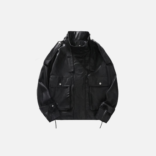 Streetwear High Collar Motorcycle Leather Jacket - Luxuryurbanwear