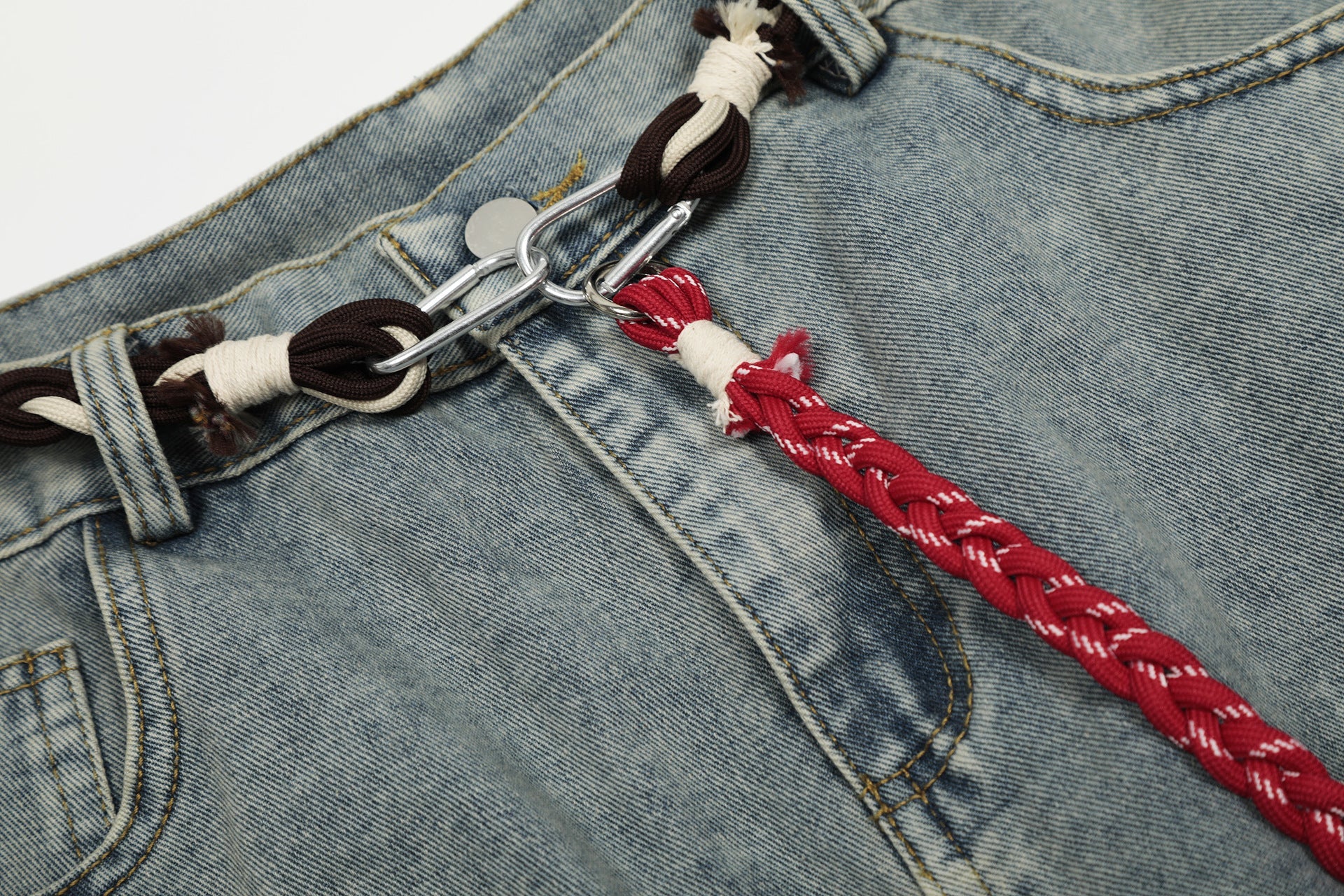 Denim Retro Belt Detail | Patchwork Barrel Jeans - Luxuryurbanwear