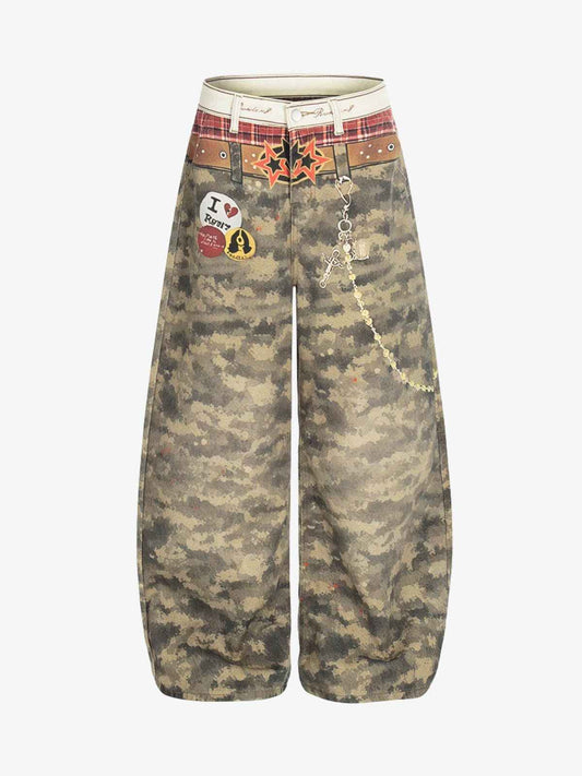 Layered Waist Camo Chain Detail Wide Leg Jeans