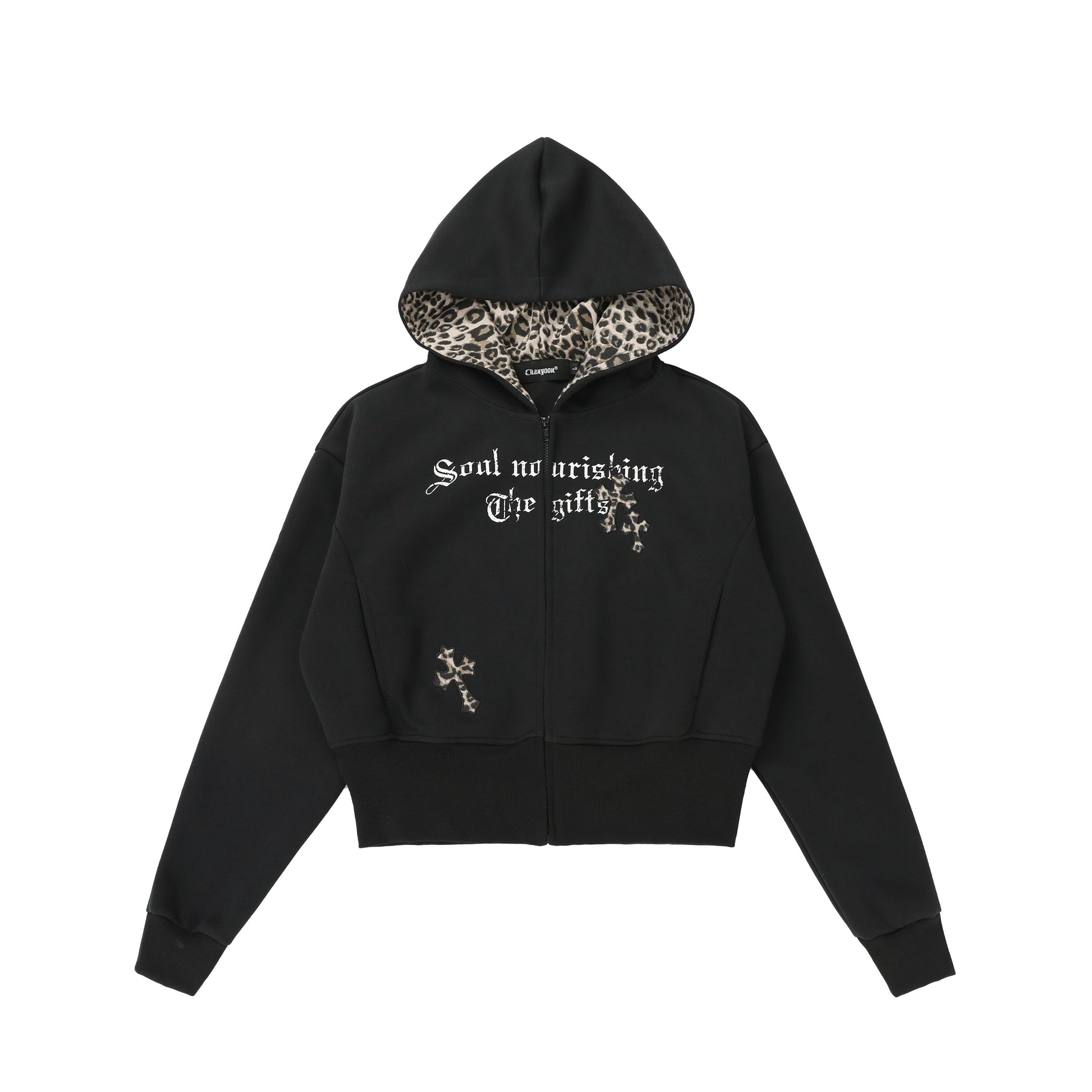 CrossCharm | Gothic Zip Hoodie with Leopard Lining - Luxuryurbanwear