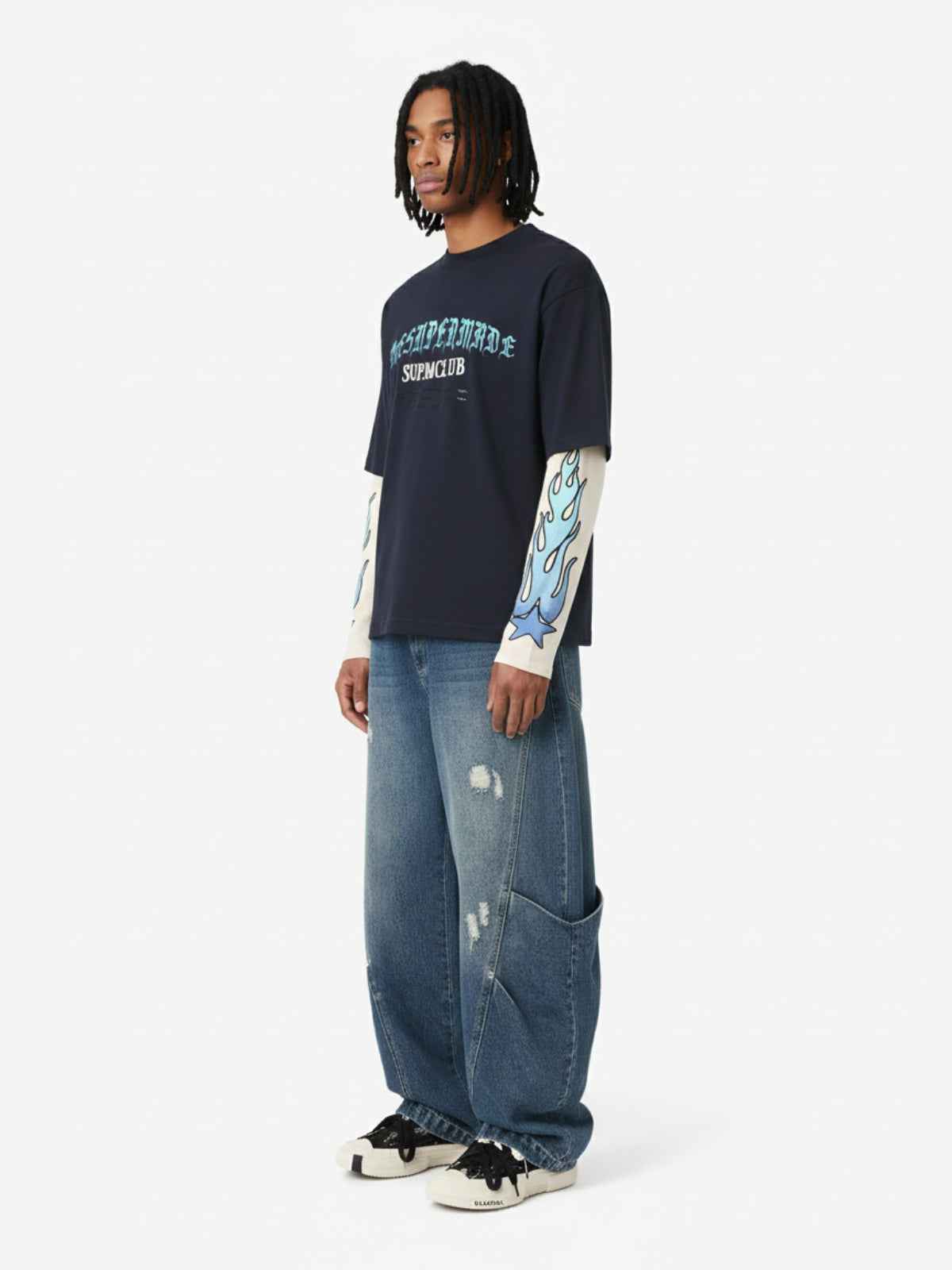 Gradient Letter Print Patchwork Faux Two-Piece Long-Sleeved T-Shirt