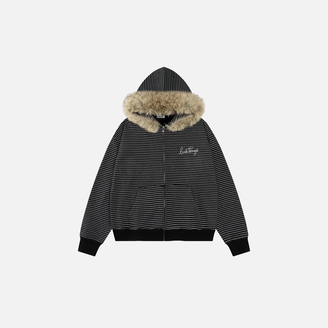 Cozy Striped Fleece Faux Fur Hooded Sweatshirt - Luxuryurbanwear