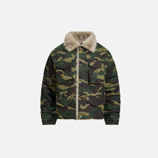 Camouflage Single Breasted Fur Collar Padded Jacket - Luxuryurbanwear