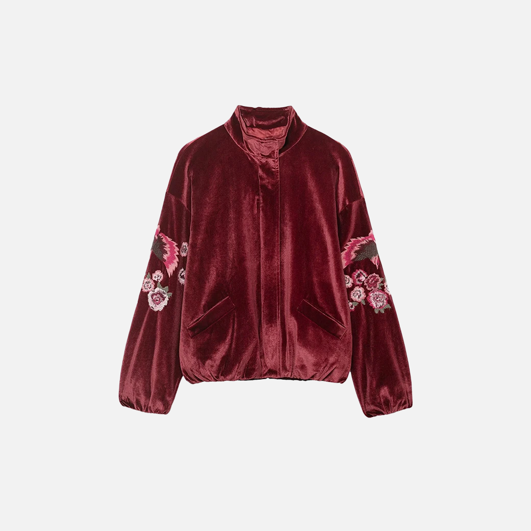 Vintage Red Embroidery Zipper Faux Fur Jacket - Luxuryurbanwear