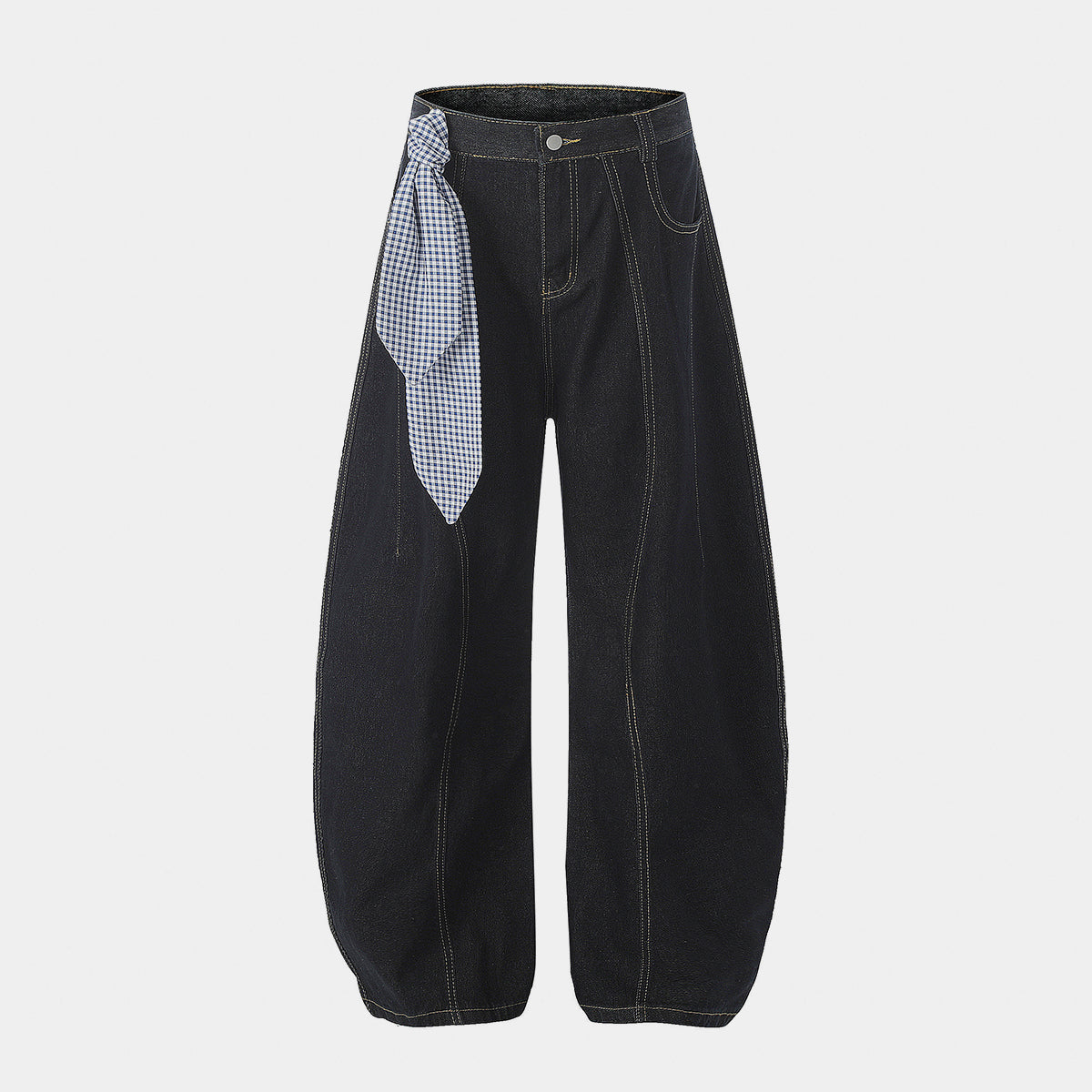 Gingham Tie Barrel Baggy Jeans - Sculptural Gingham Detail Denim | LuxuryUrbanwear - Luxuryurbanwear