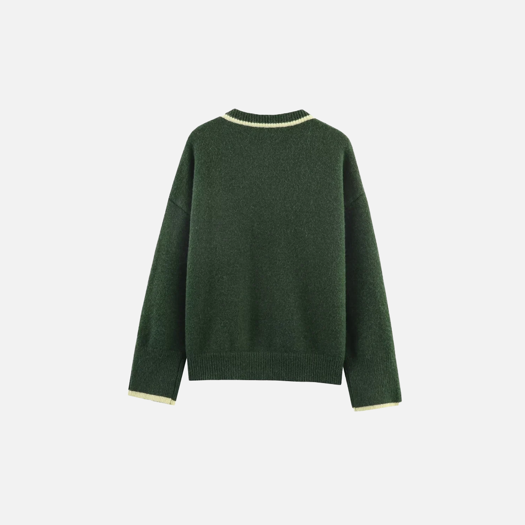Contrast Color Round Neck Long Sleeve Knit Cardigan - Luxuryurbanwear