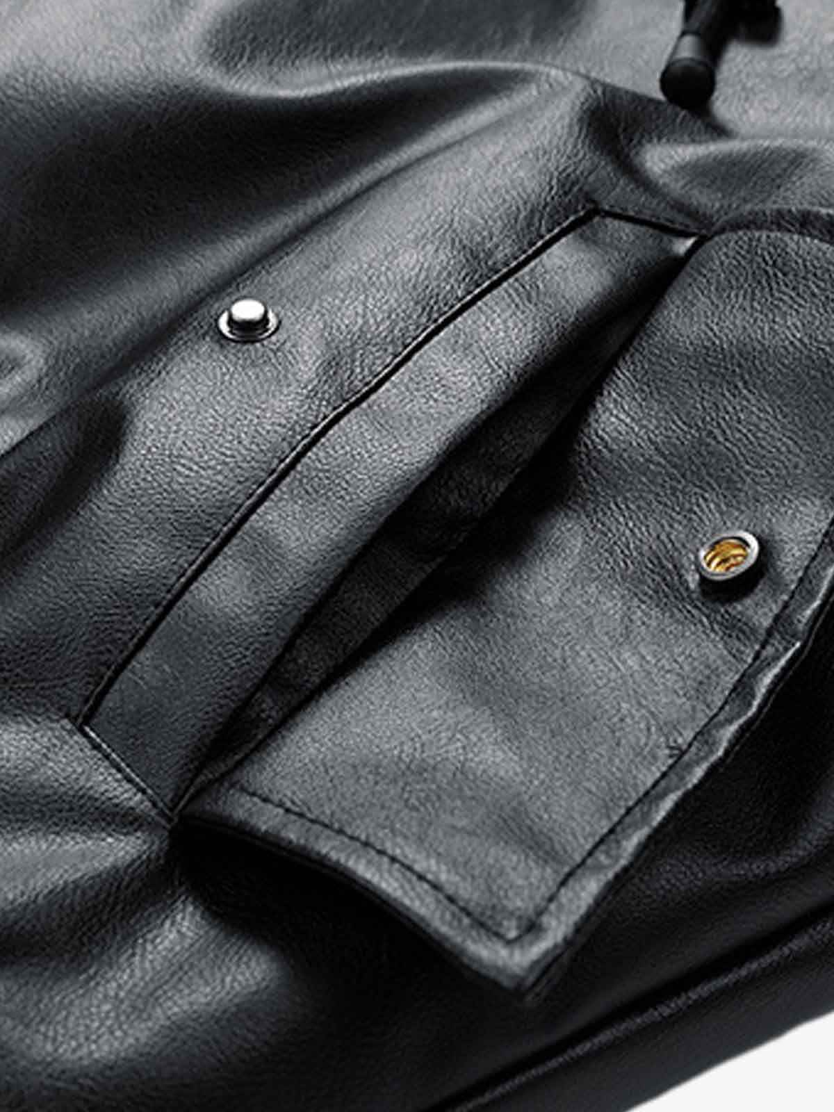 Retro Leather Faux Two-Piece Hooded Padded Bomber Jacket