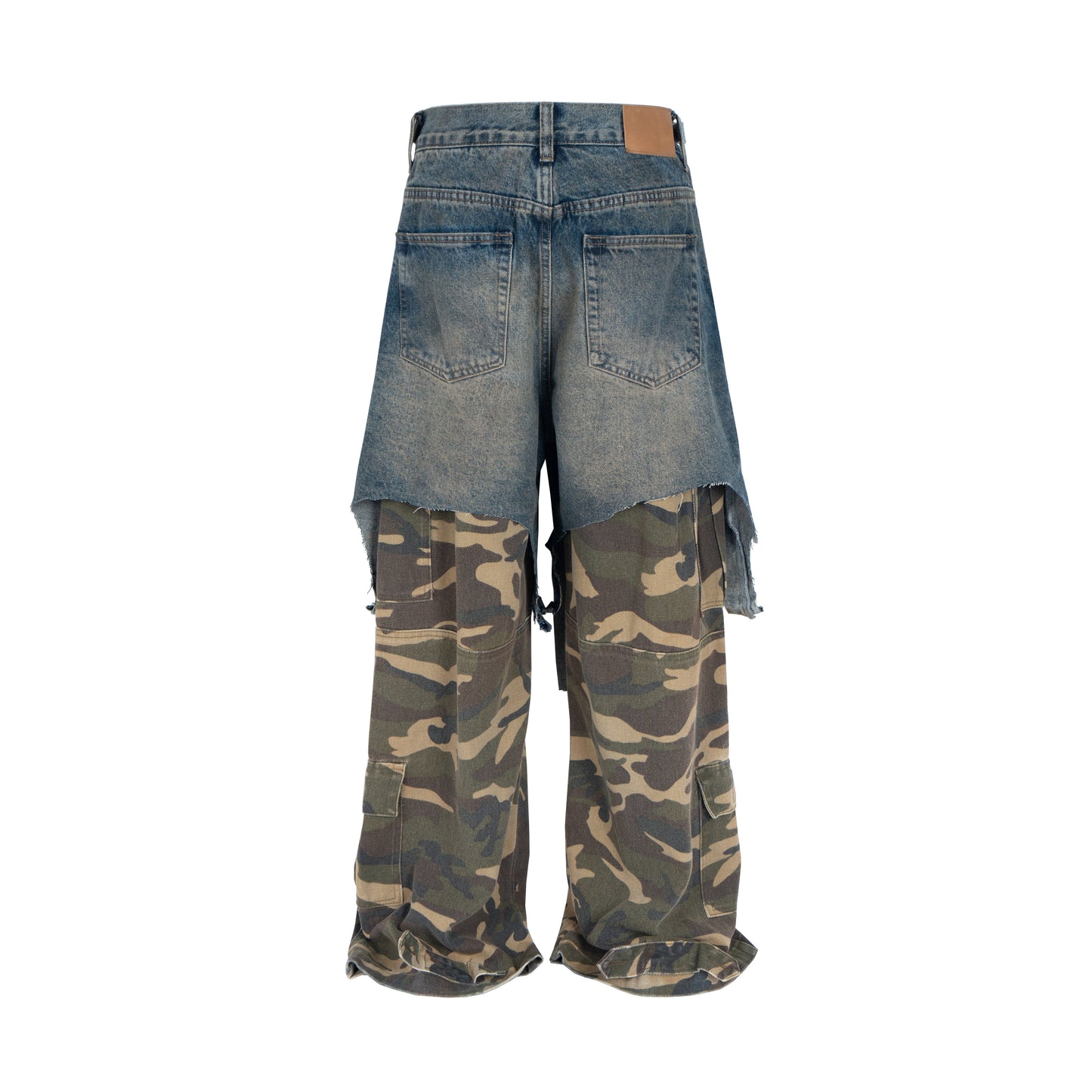 Deconstructed Denim Camo Layered Jeans - Avant-Garde Streetwear | LuxuryUrbanwear - Luxuryurbanwear