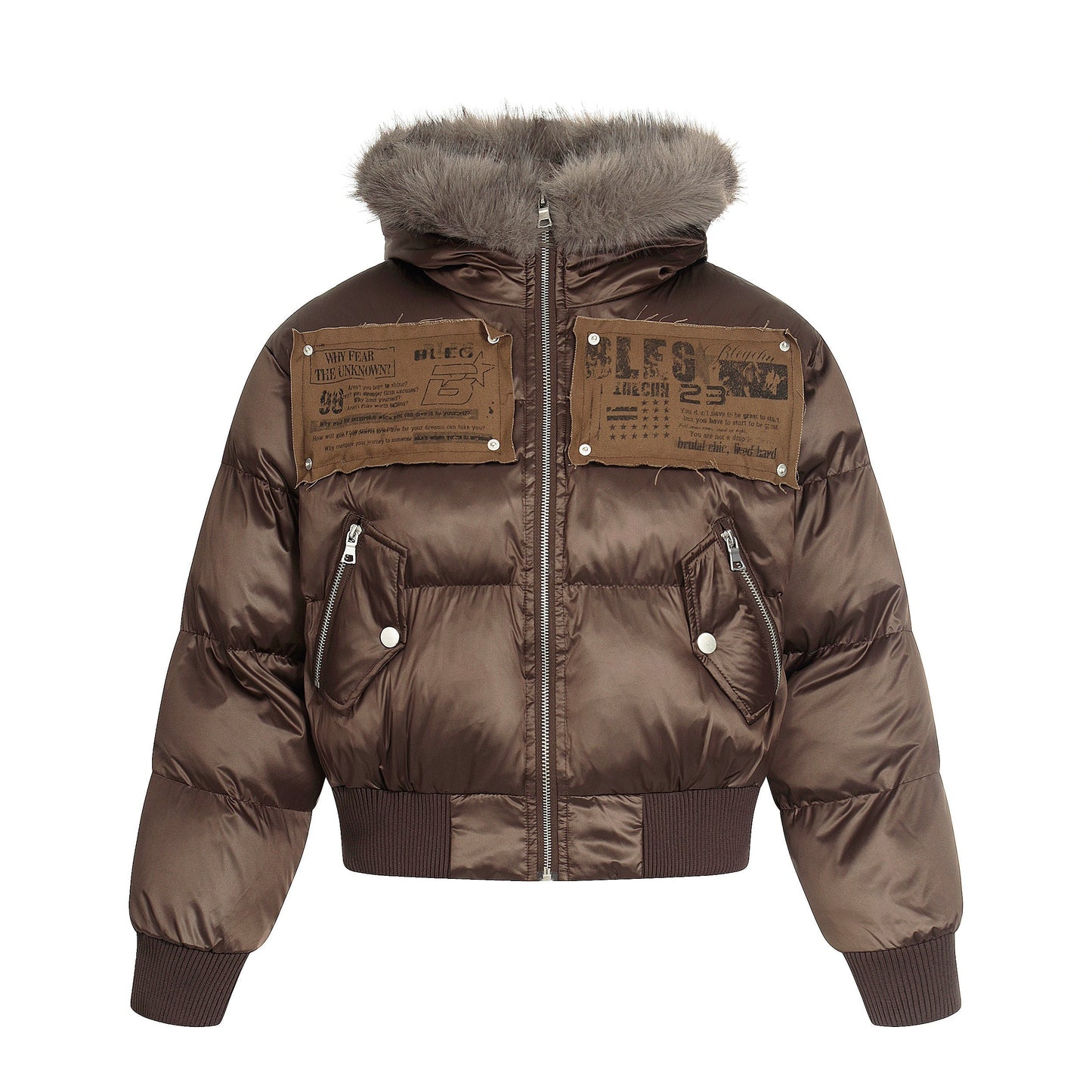 Frost Petal | Embroidered Satin Puffer Jacket - Luxuryurbanwear