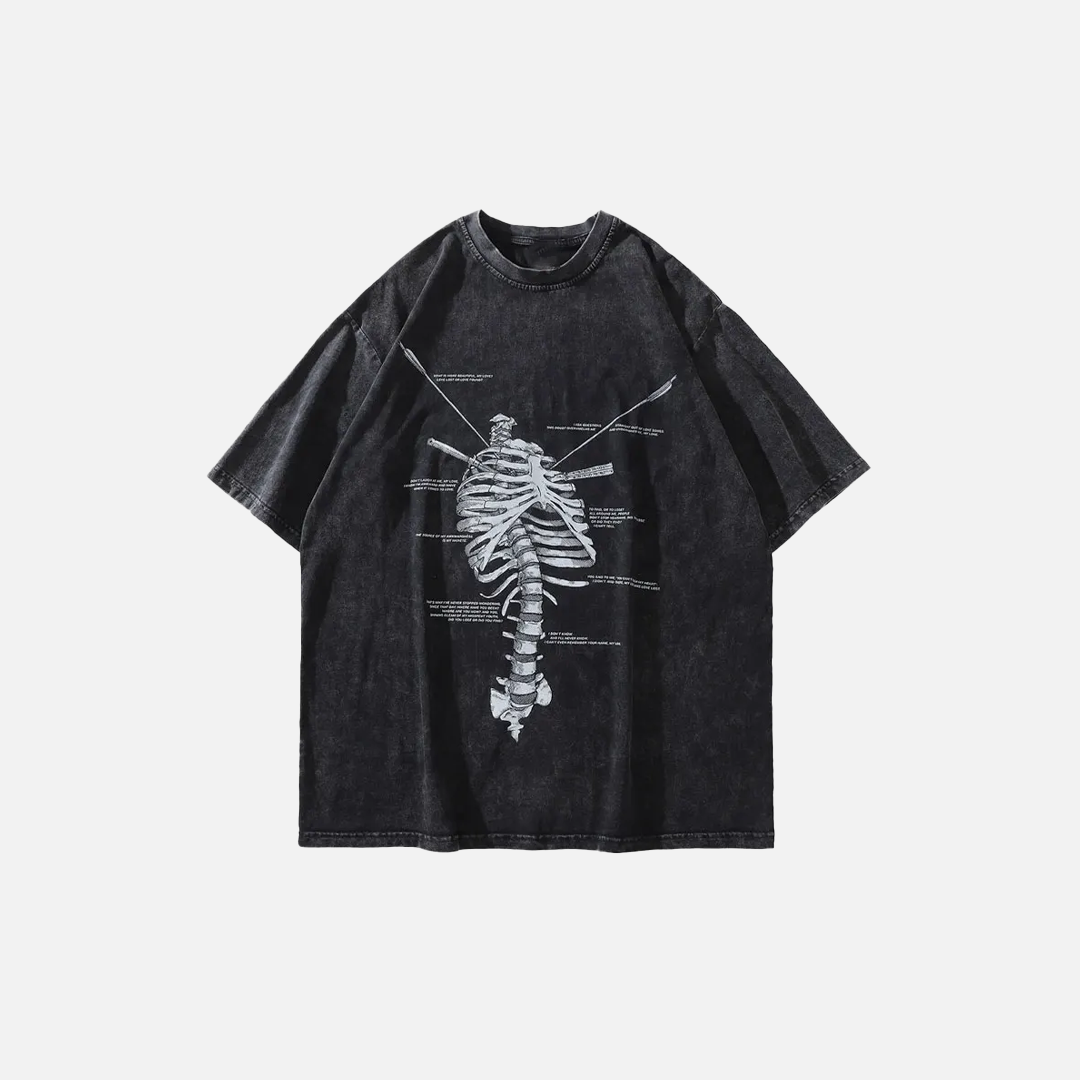 Warm Skeleton Print Washed Oversized Gothic T-Shirt - Luxuryurbanwear