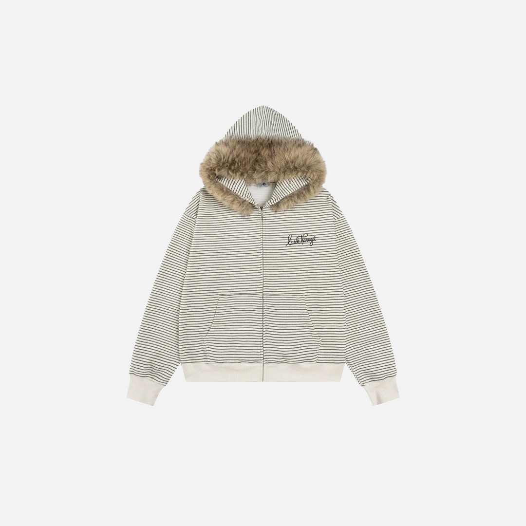 Cozy Striped Fleece Faux Fur Hooded Sweatshirt - Luxuryurbanwear