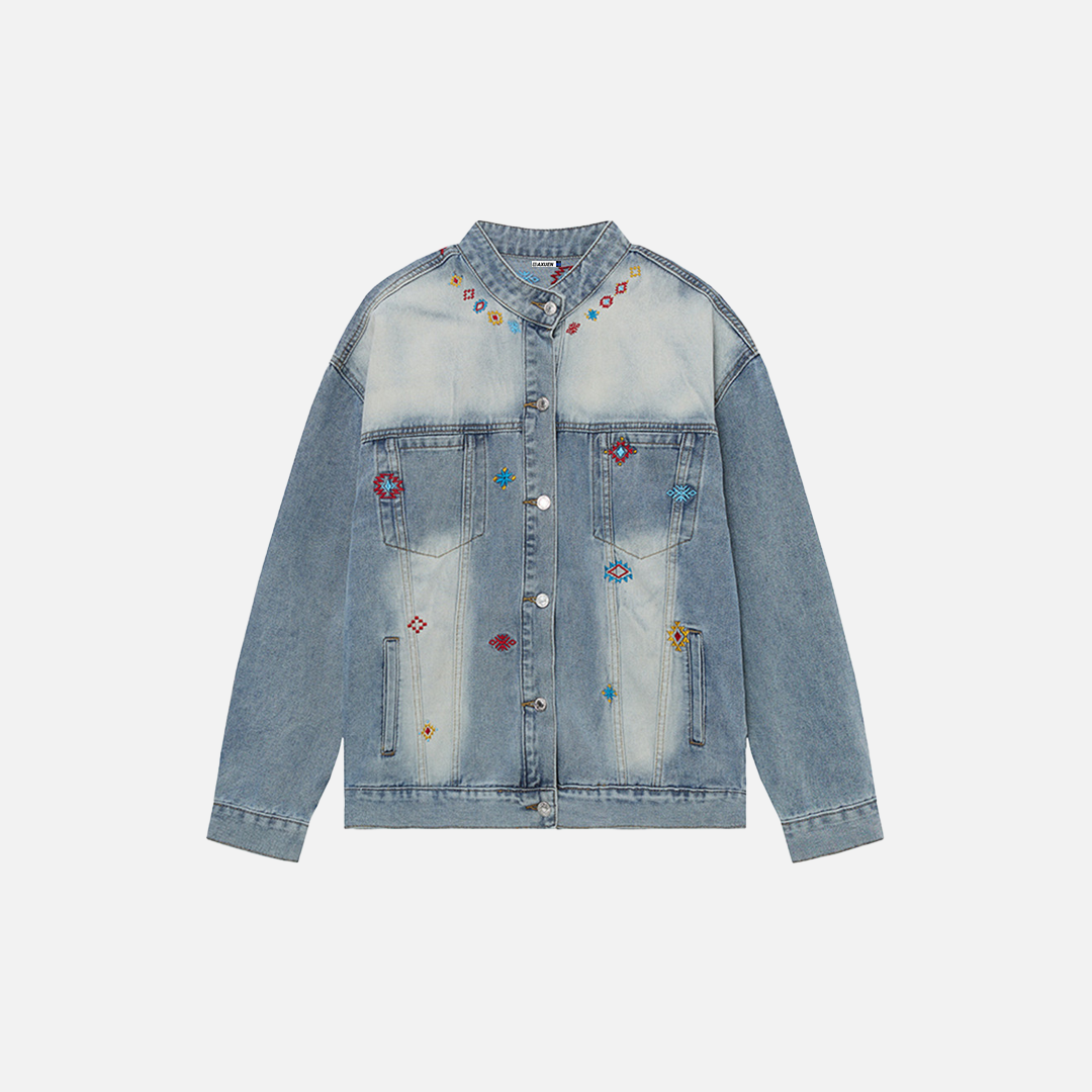 Durable Distressed Embroidered Denim Jacket - Luxuryurbanwear