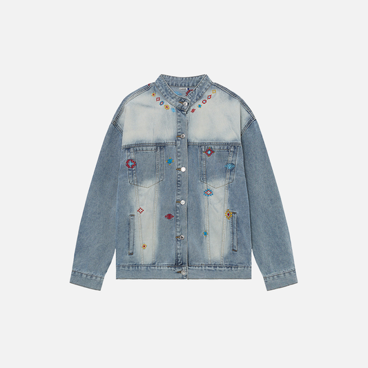 Durable Distressed Embroidered Denim Jacket - Luxuryurbanwear