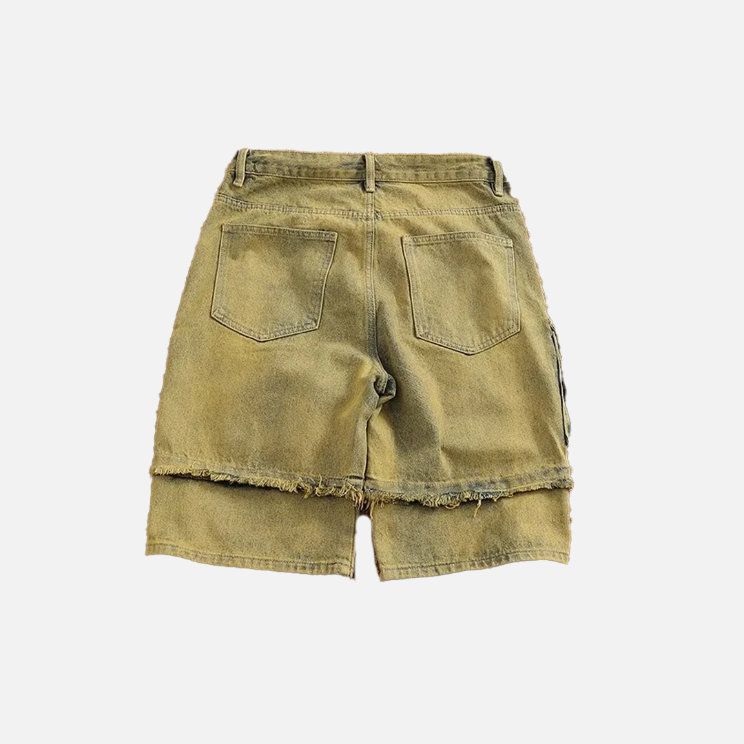 Yellow Distressed Washed Denim Cargo Short - Luxuryurbanwear
