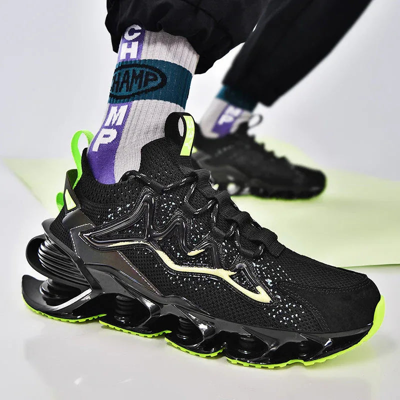 On-foot Nova Sole T84 Sneakers in black and neon green paired with sporty socks - LUXURYURBANWEAR mesh sneakers.