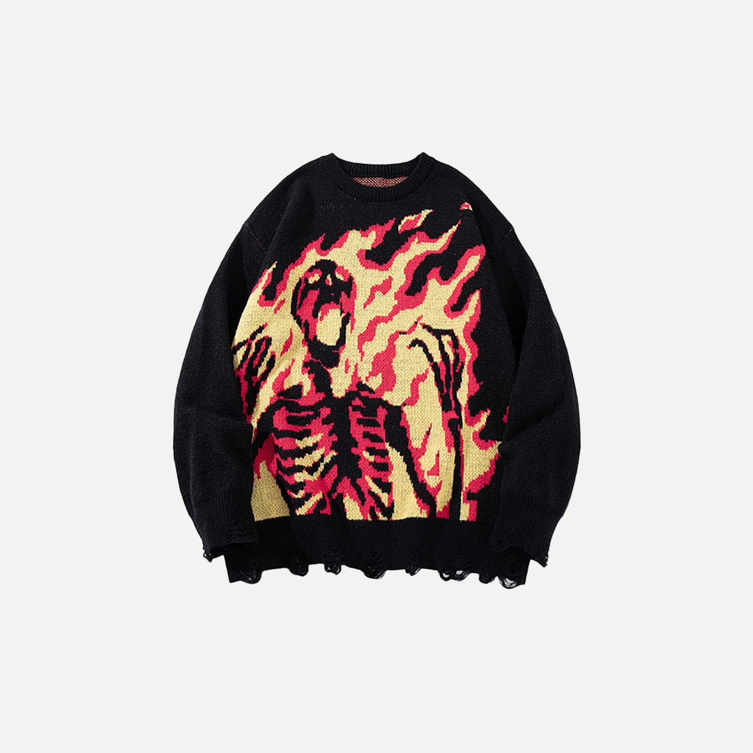 Trendy Skulls Graphic Oversized Knit Sweater - Luxuryurbanwear