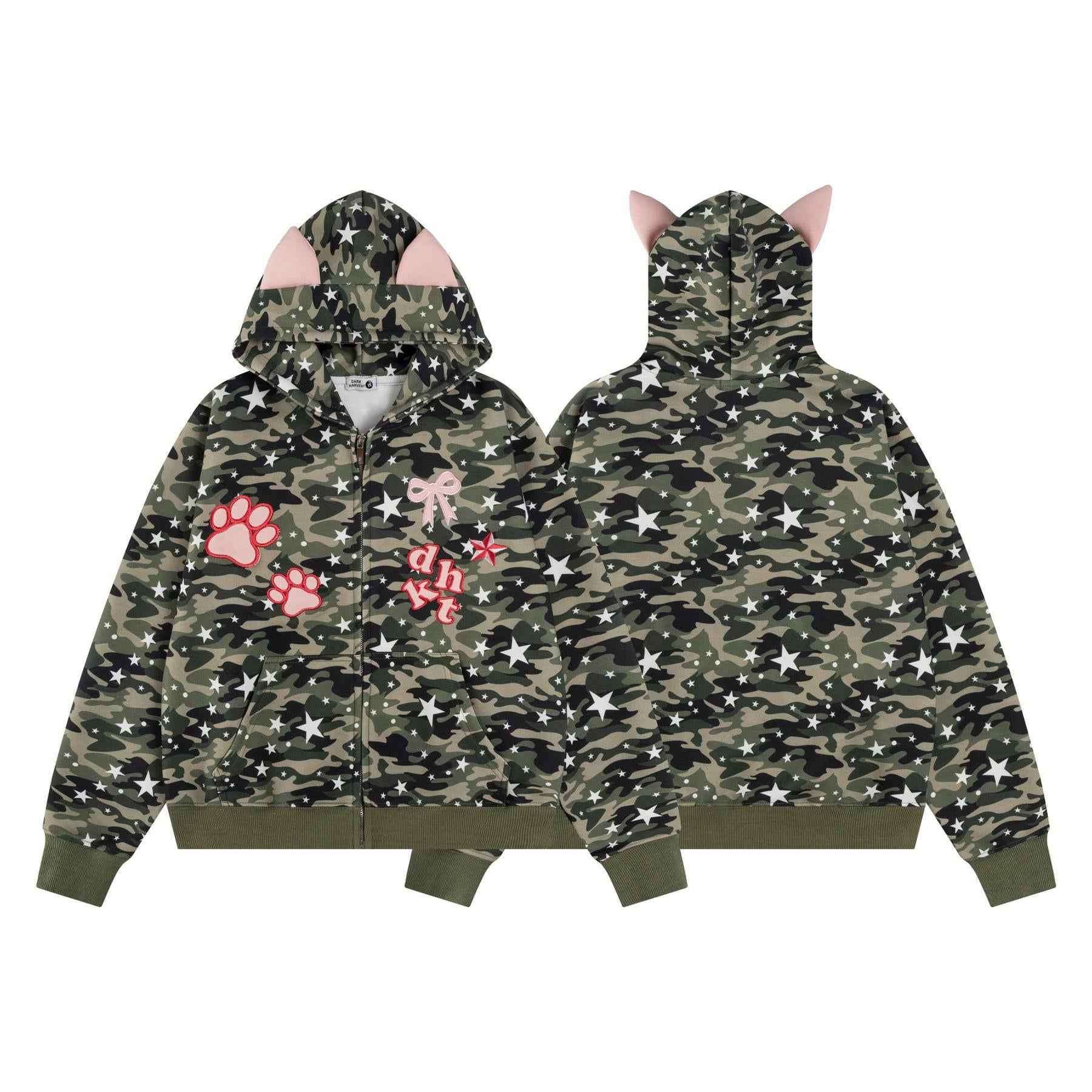 Cool Camo Embroidered Pink Ear Hooded Sweatshirt
