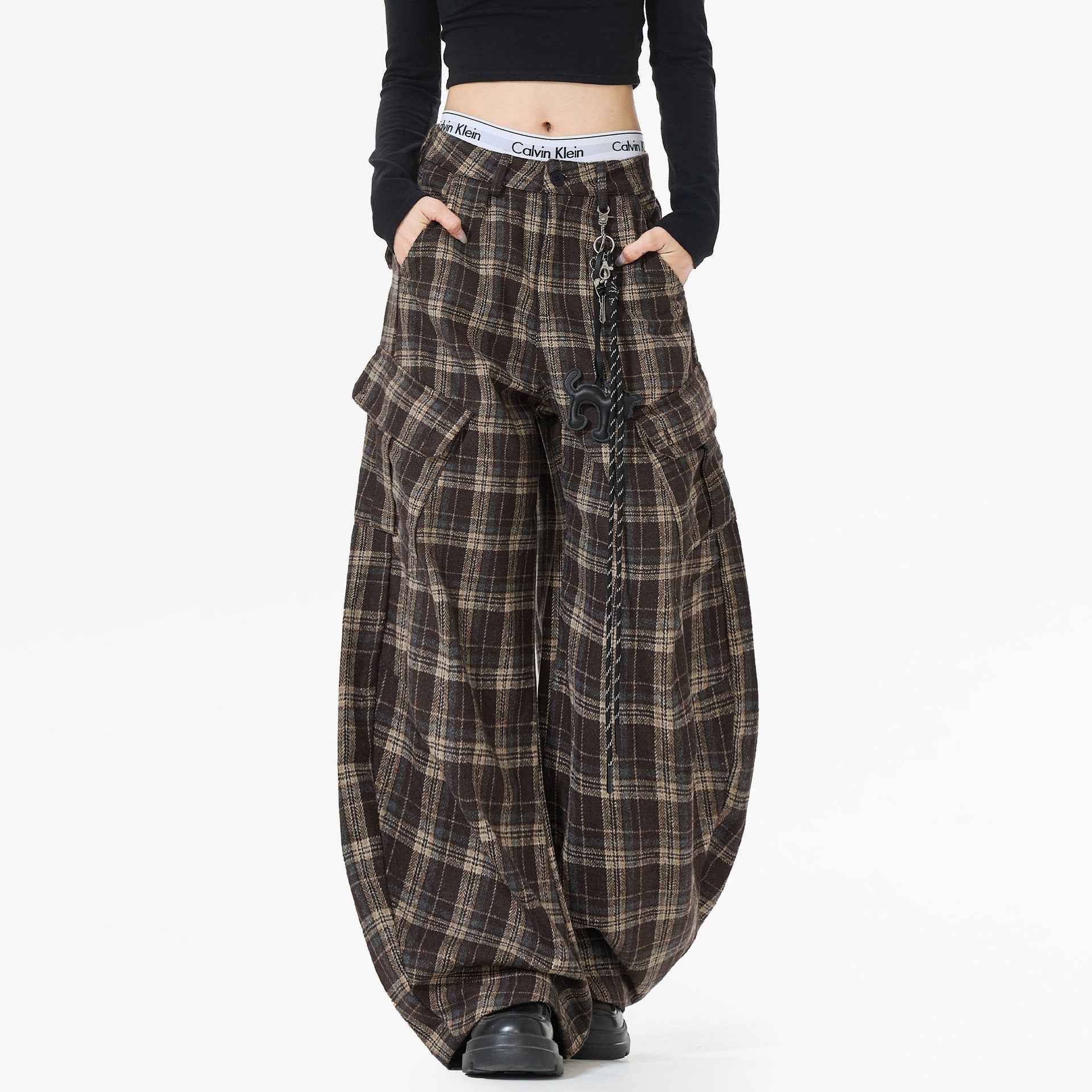 Vintage Plaid Cartoon Casual Cargo Pants
