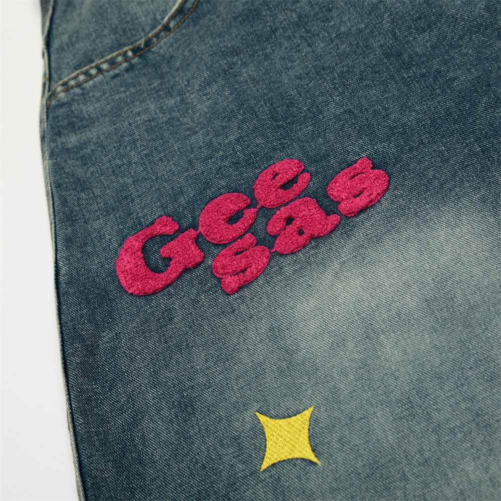 Cartoon Embroidered Vintage Washed Denim Jeans