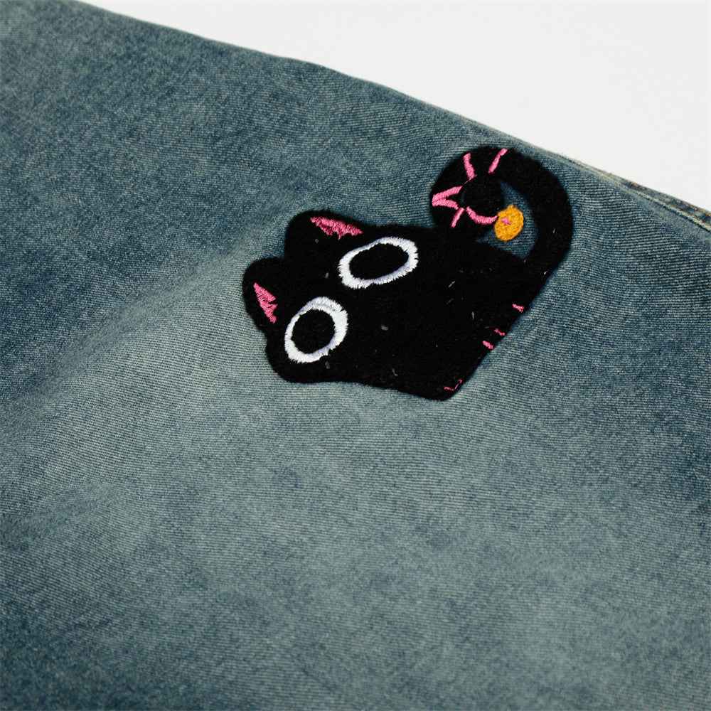 Cartoon Embroidered Vintage Washed Denim Jeans