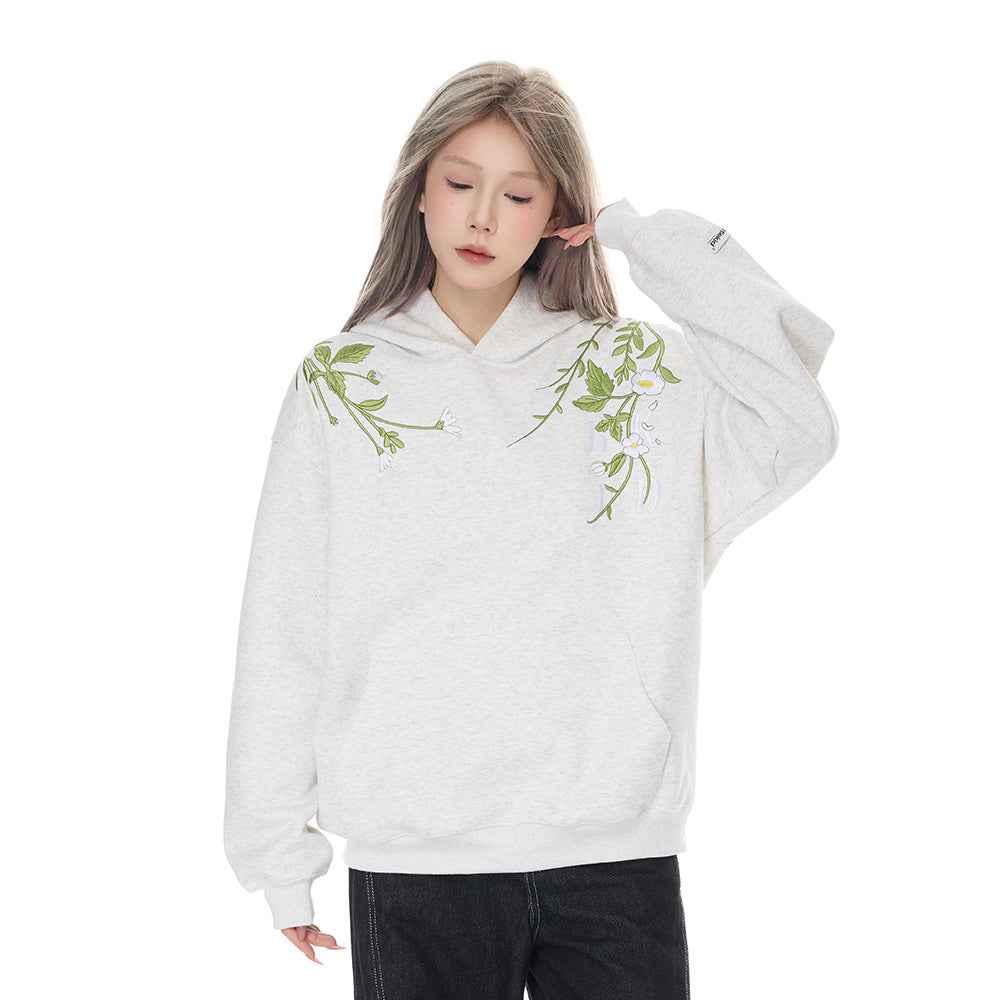 Women Cozy Floral Embroidered Casual Hoodie