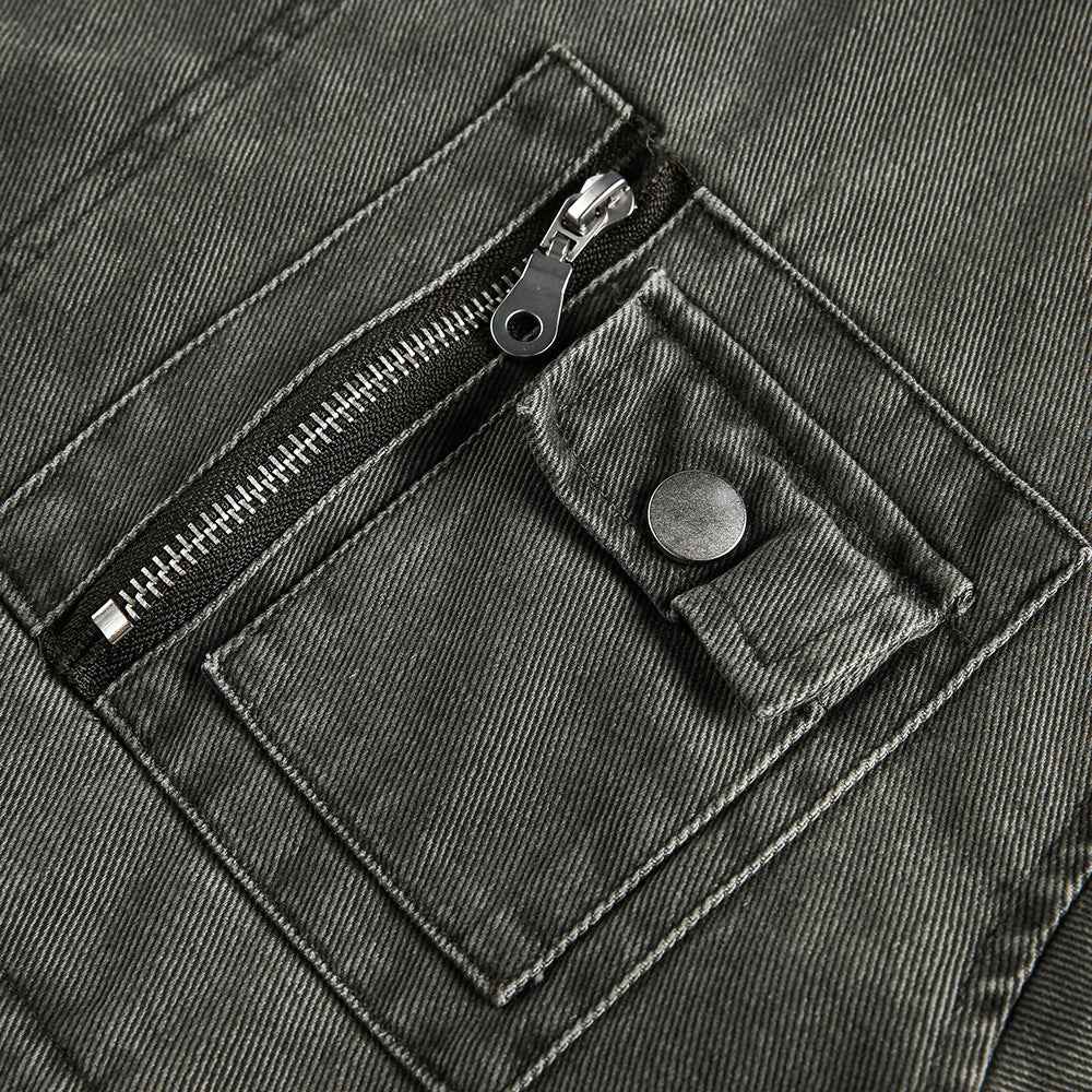 Spring Multi-Pocket Washed Workwear Denim Jacket