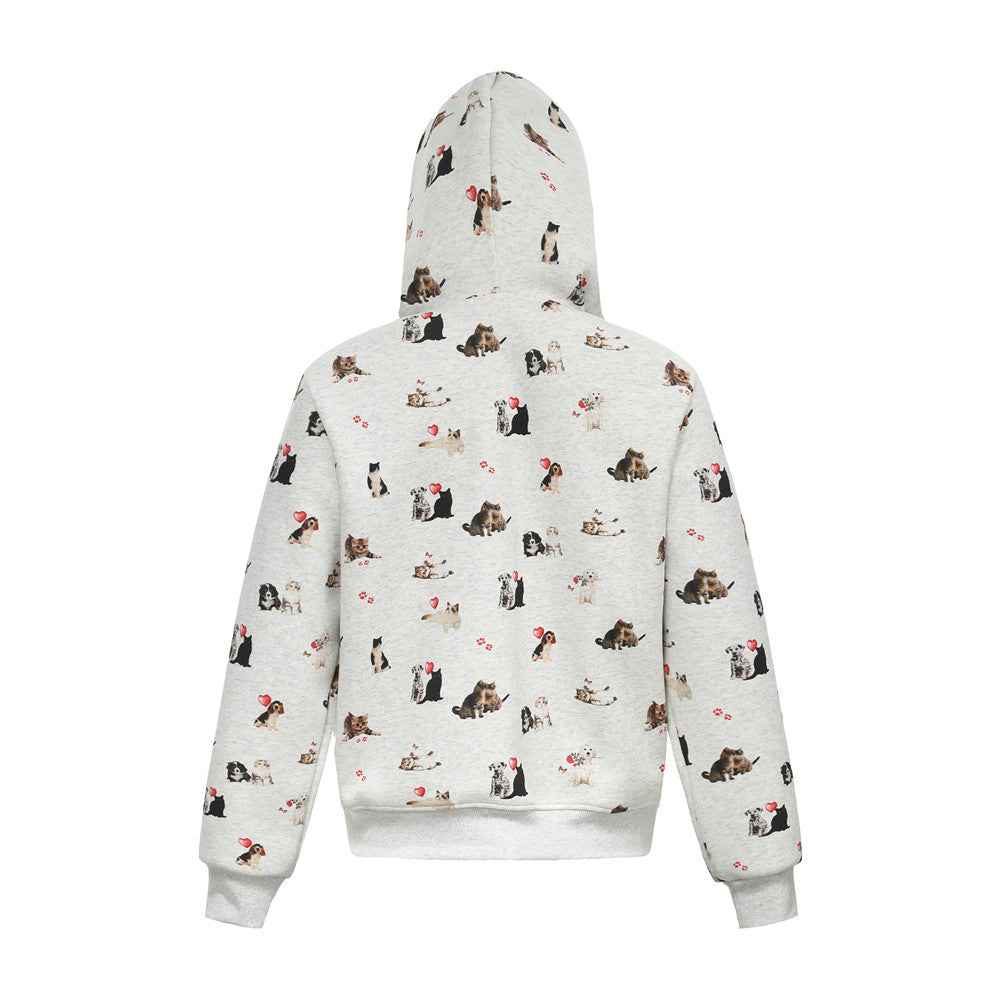 Whimsical Animal Zip-Up Print Hooded Sweatshirt