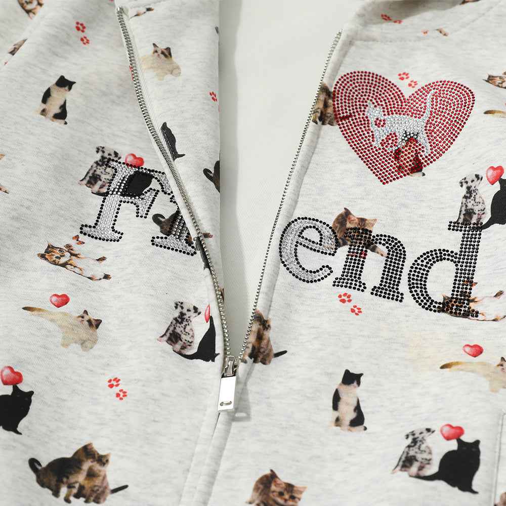Whimsical Animal Zip-Up Print Hooded Sweatshirt