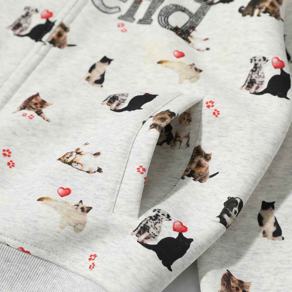 Whimsical Animal Zip-Up Print Hooded Sweatshirt