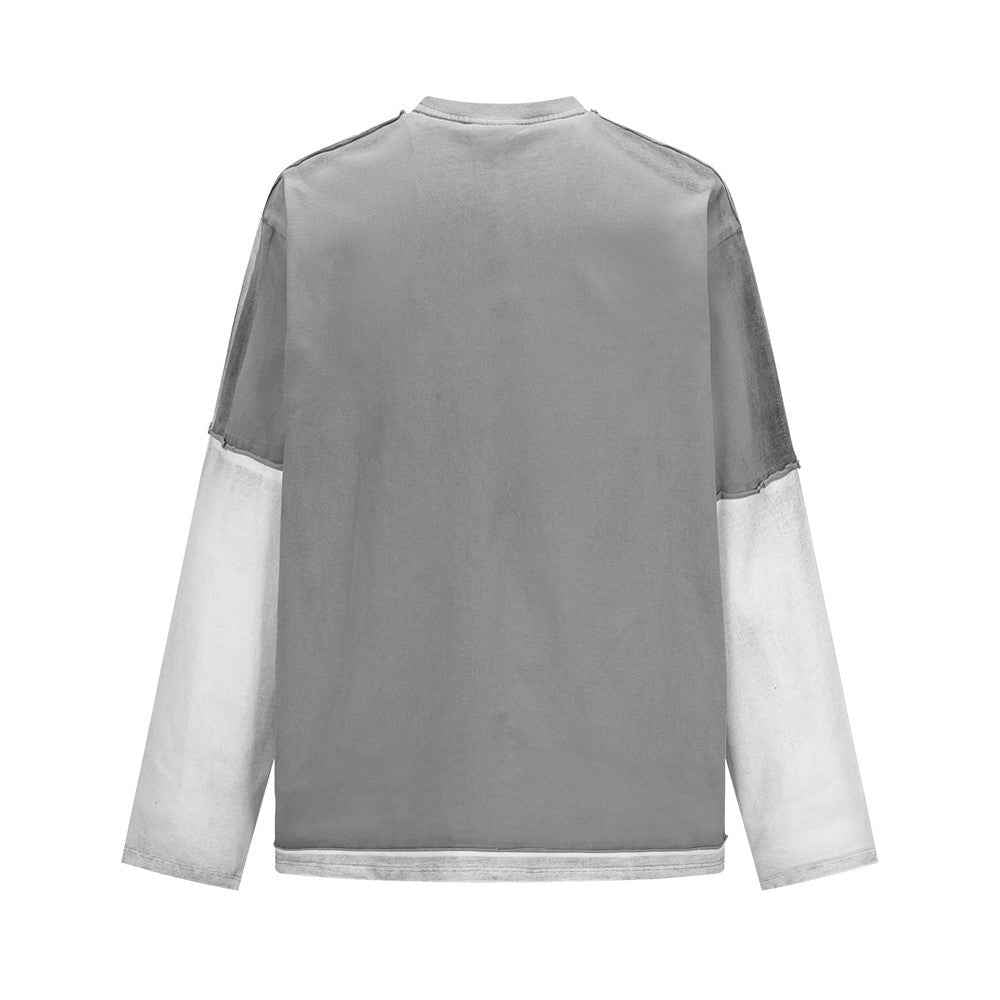 Color Block Distressed Loose Fit Long Sleeve T-Shirt