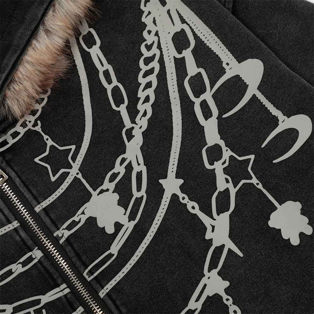 Y2K Chain Print Faux Fur Hooded Washed Sweatshirt
