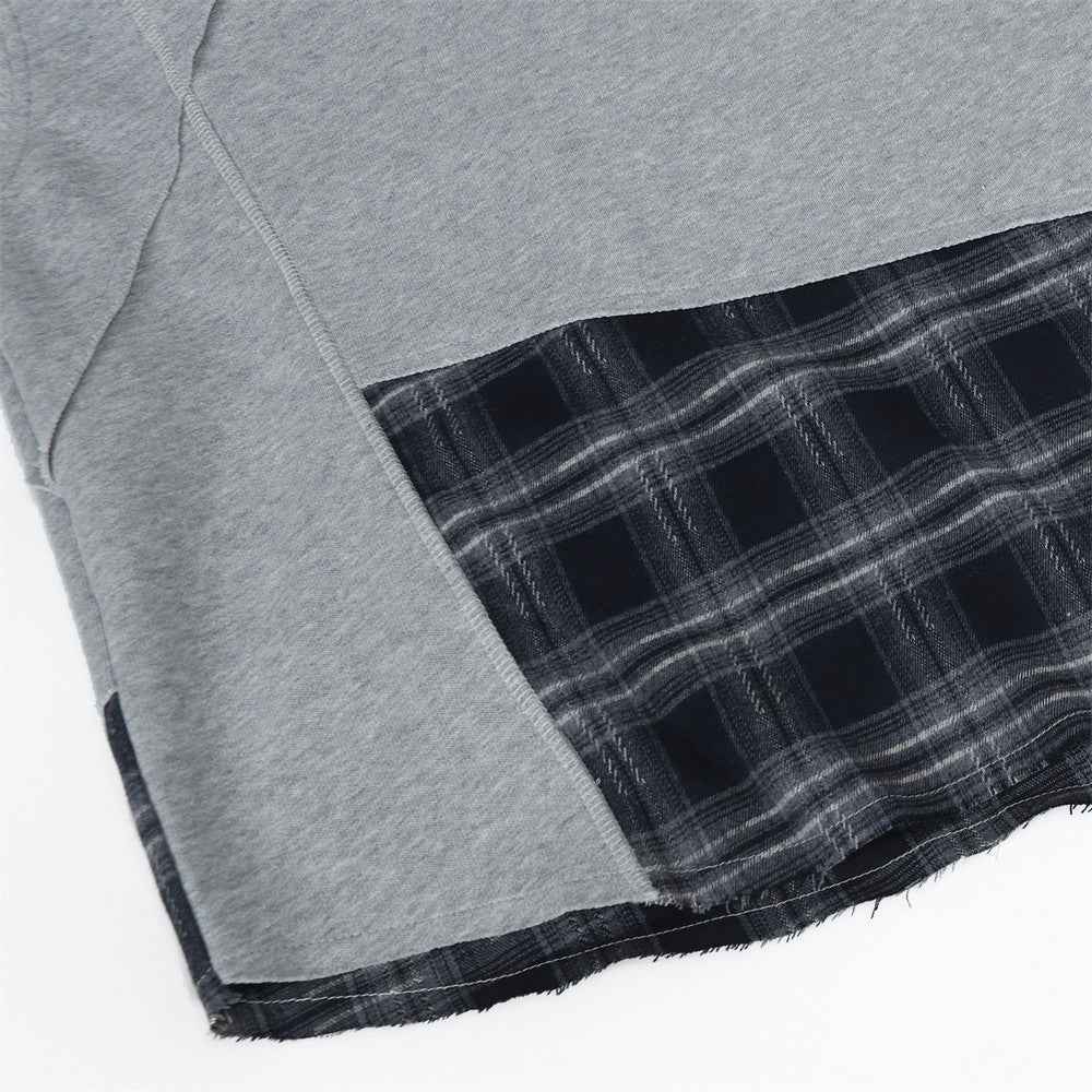 Fashionable Irregular Plaid Patchwork Ripped Hoodie