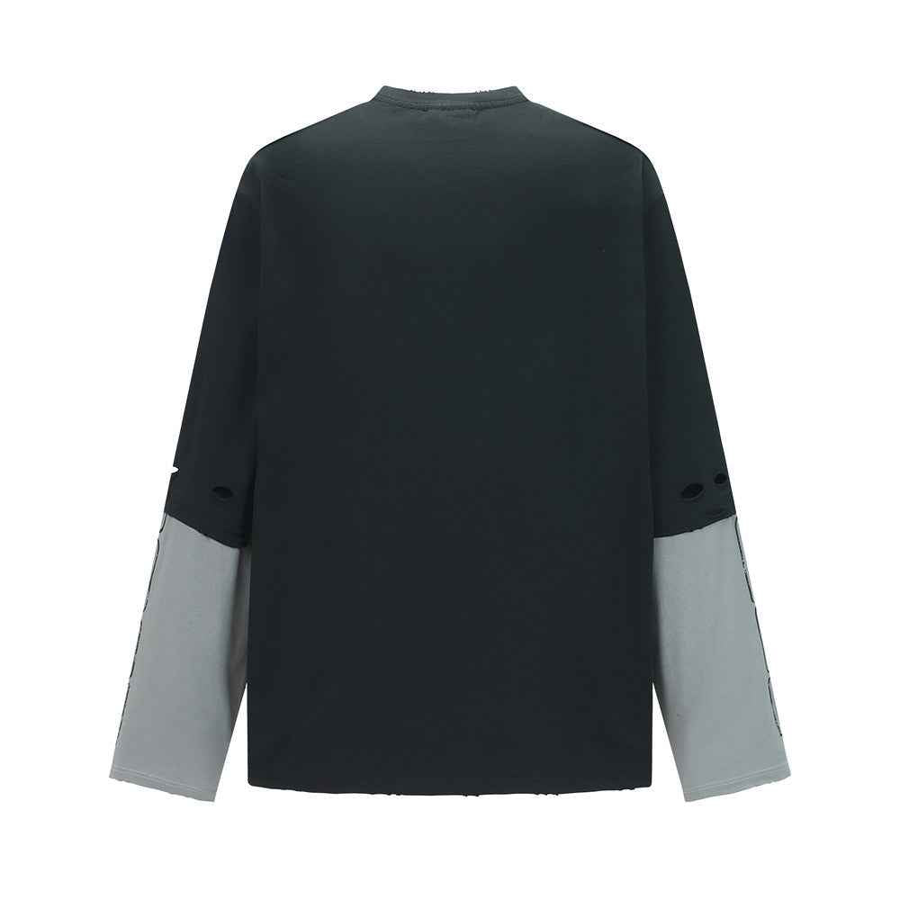 Fashionable Color Block Long Sleeve Ripped T-Shirt
