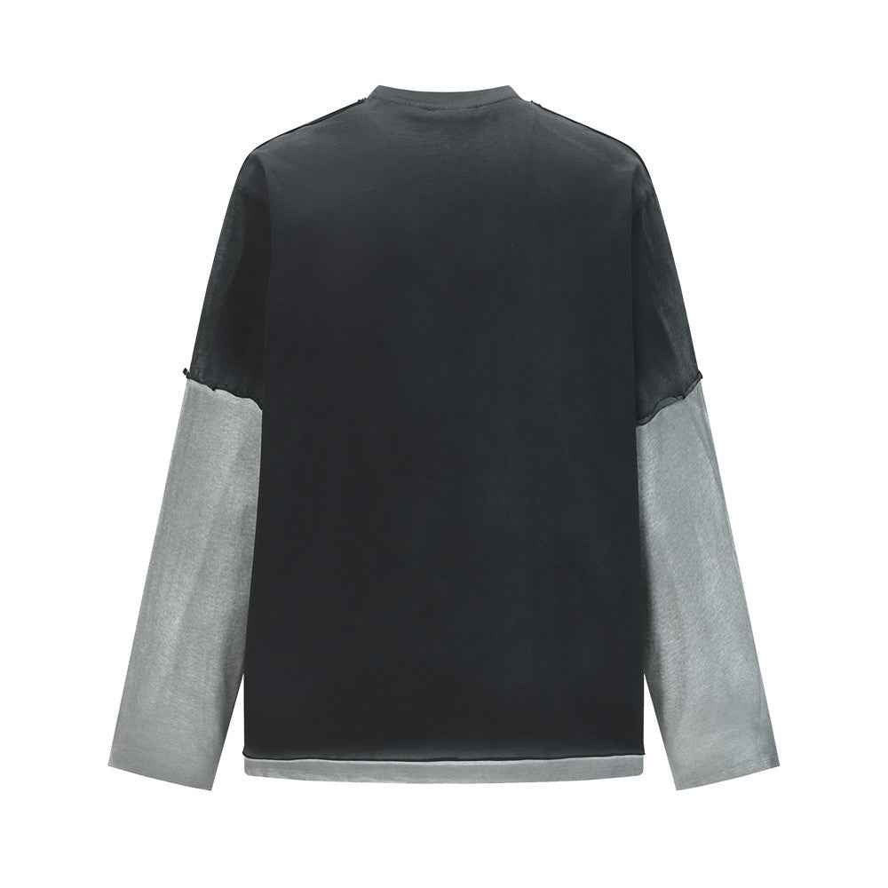 Color Block Distressed Loose Fit Long Sleeve T-Shirt